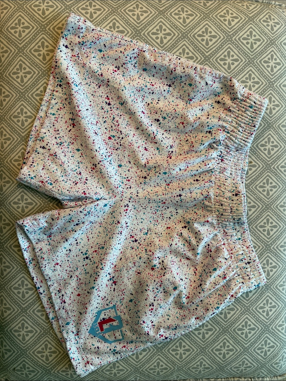 White Speckled Athletic Shorts with Multicolor Print